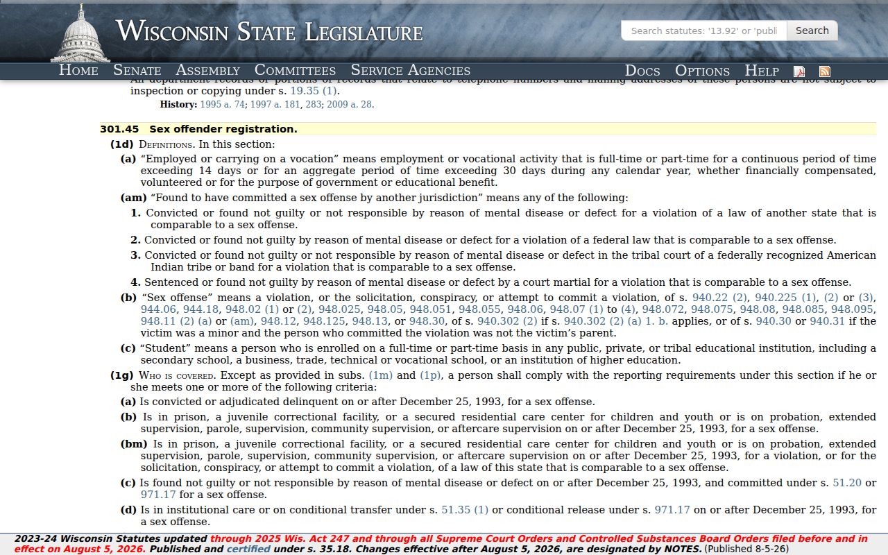 Lincoln County sex offender registration requirements under Wisconsin law