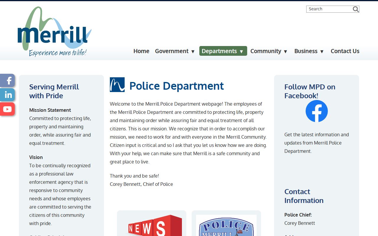 Merrill Police Department contact page for city criminal records