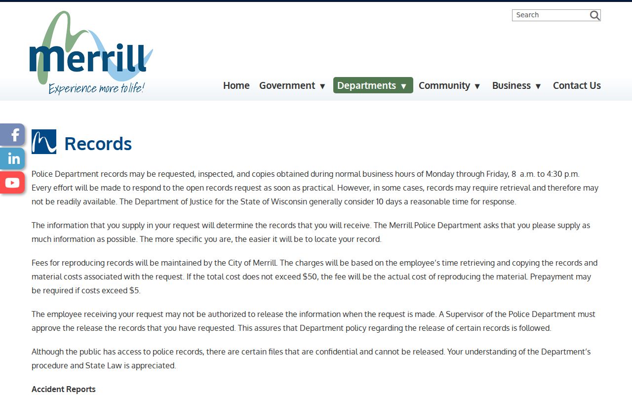 Merrill criminal records inspection rules from the police department